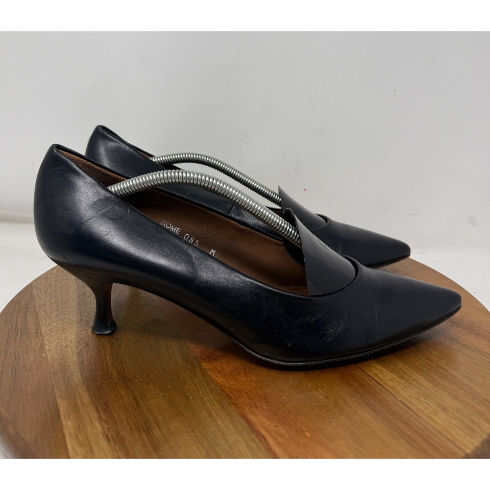 Donald J Pliner Rome 085 Black Leather Pointed Toe Kitten Heel Pumps Spain 8.5M